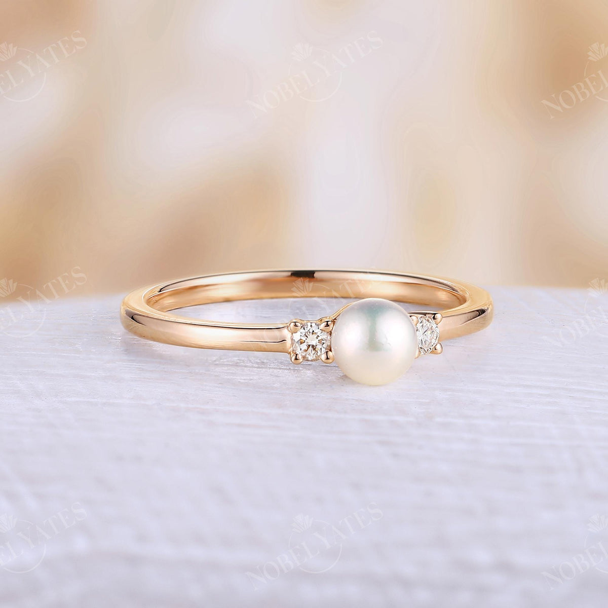 Akoya Pearl Vintage Yellow Gold Three Stone Engagement Ring