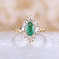 Art Deco Marquise Cut Lab Emerald Halo Engagement Ring Yellow Gold