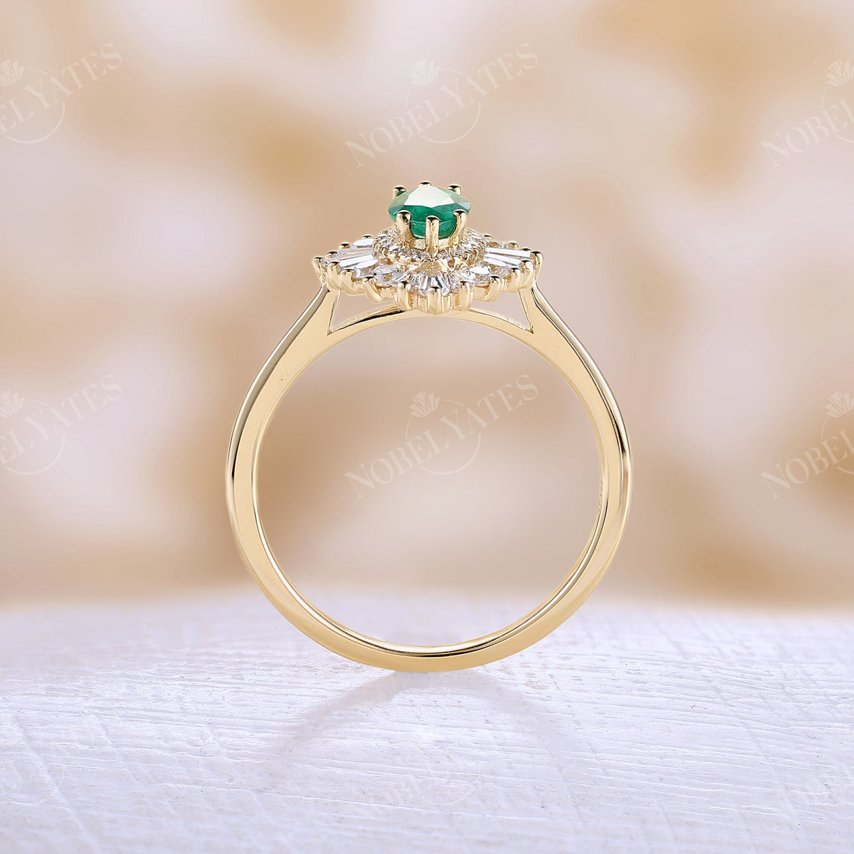 Art Deco Marquise Cut Lab Emerald Halo Engagement Ring Yellow Gold