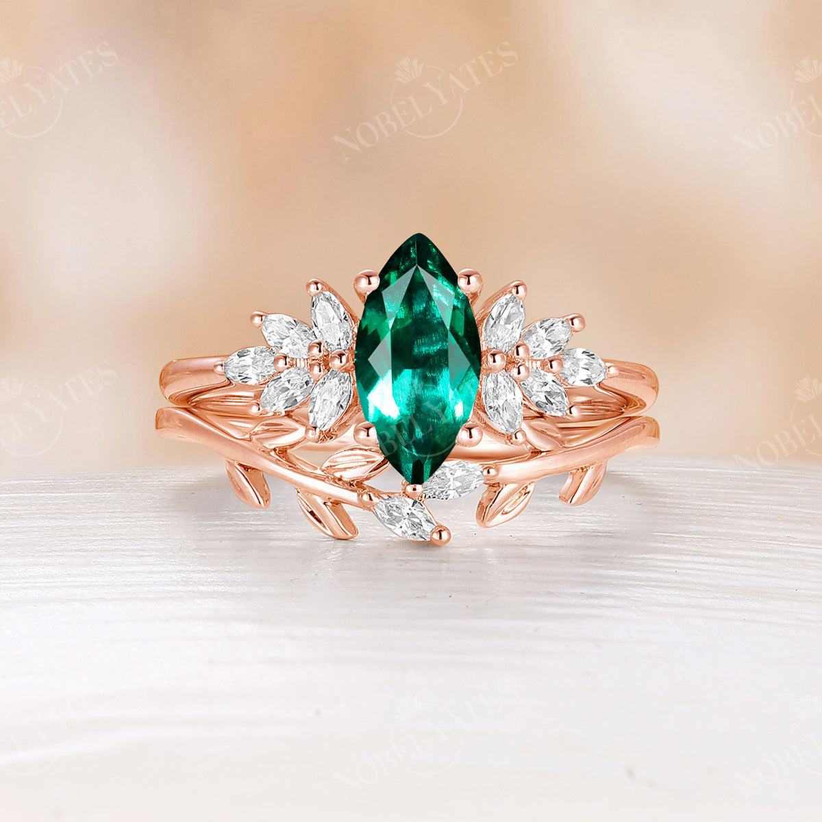 Lab Emerald Marquise Cut Engagement Ring Set Leaf Design Wedding Band