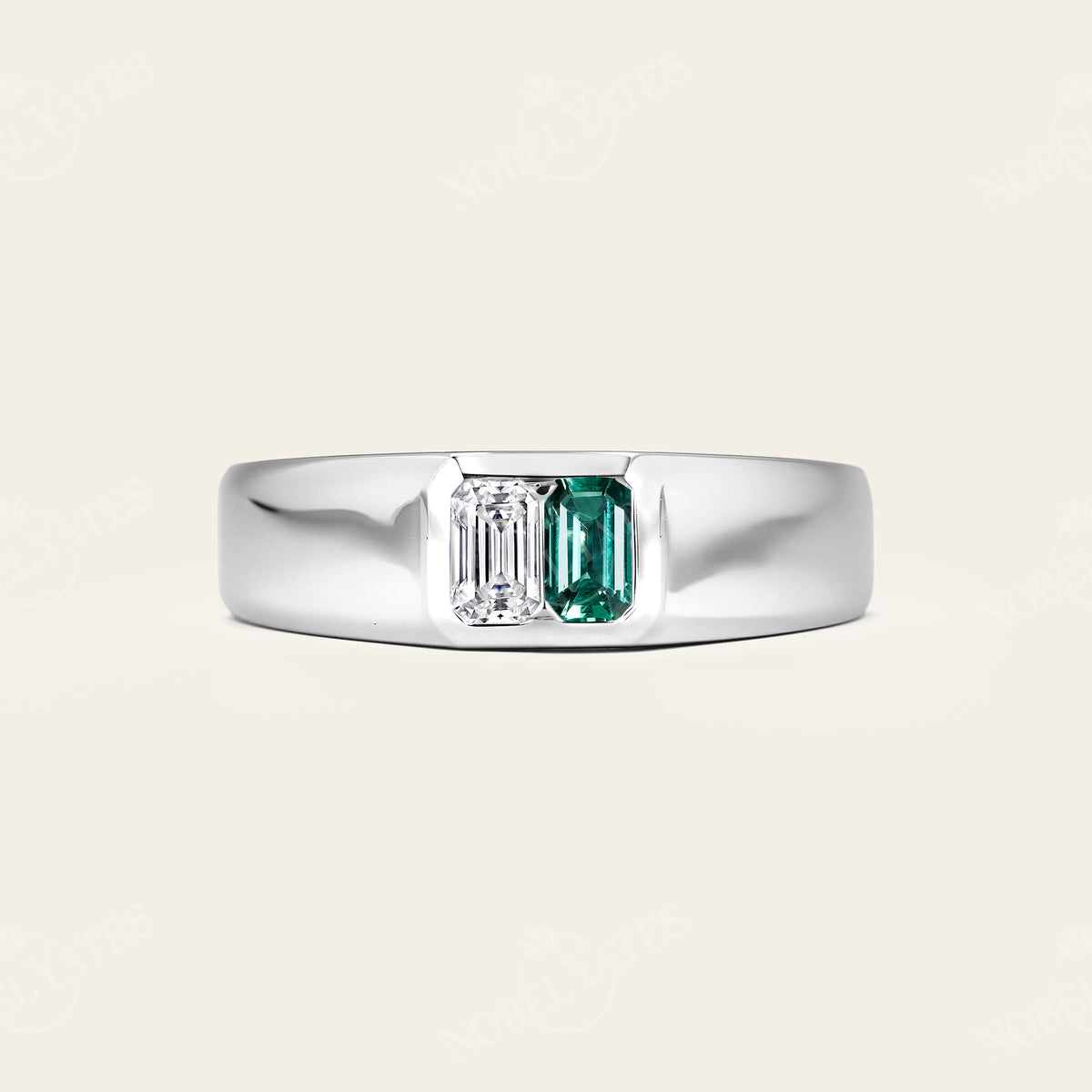 Emerald Cut Lab Diamond & Emerald Toi et Moi Men's Ring