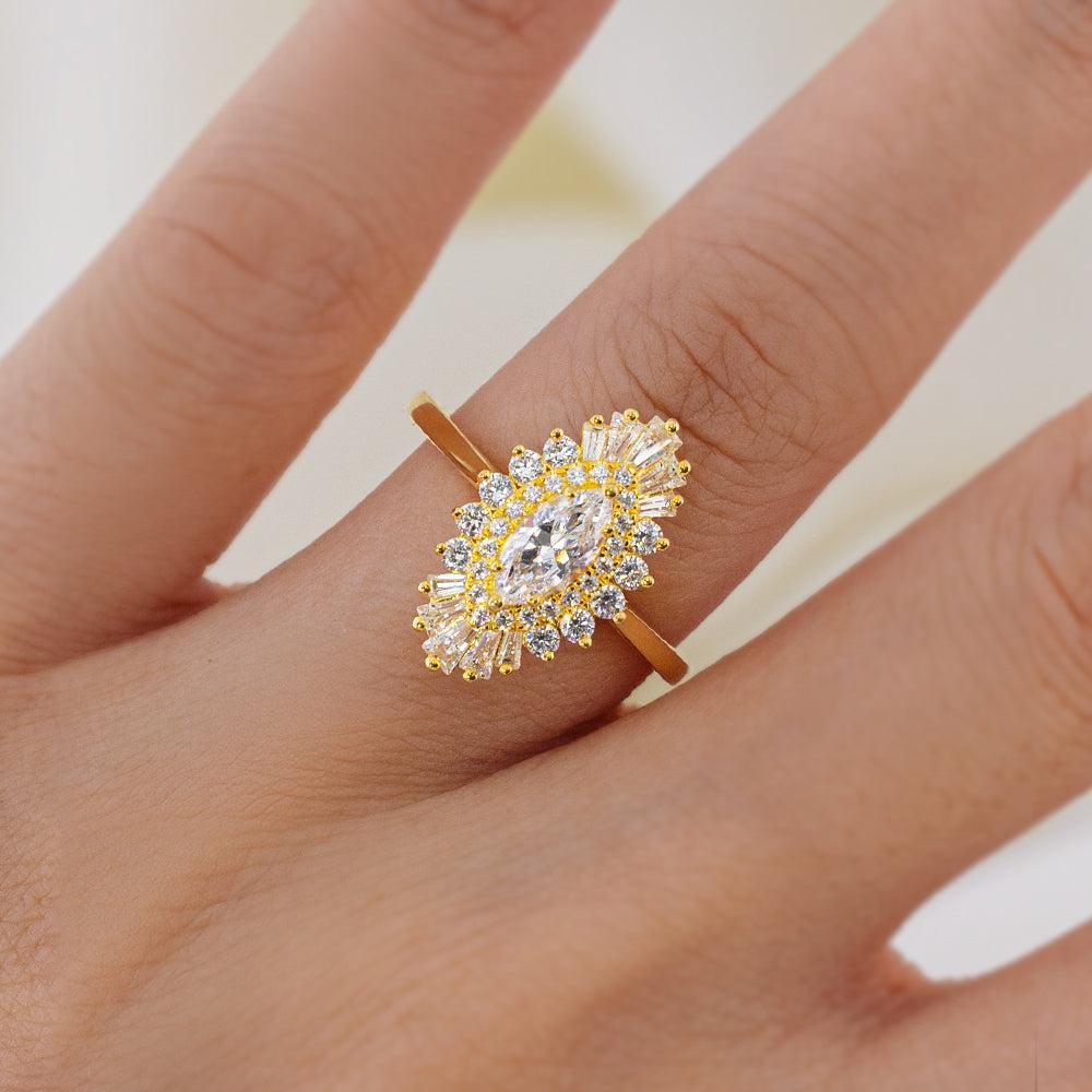 Art Deco Engagement Rings Marquise Cut Moissanite Halo Rose Gold