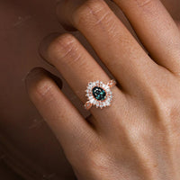 Vintage Art Deco Oval Teal Sapphire Rose Gold Engagement Ring Halo