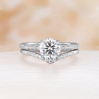 Nature Leaf Engraving Round Moissanite Engagement Ring Set Rose Gold