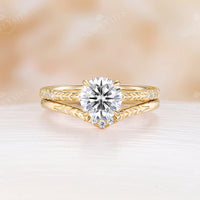 Nature Leaf Engraving Round Moissanite Engagement Ring Set Rose Gold