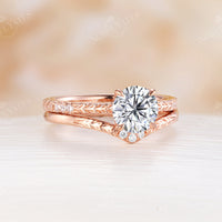 Nature Leaf Engraving Round Moissanite Engagement Ring Set Rose Gold