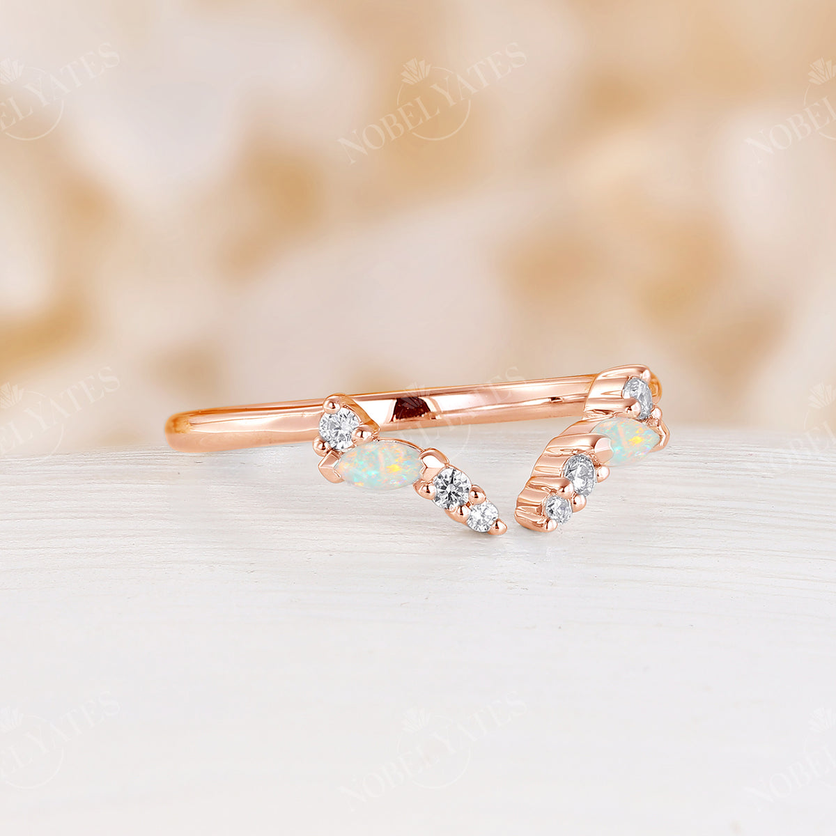Curved Open Curved White Opal Matching Band Rose Gold