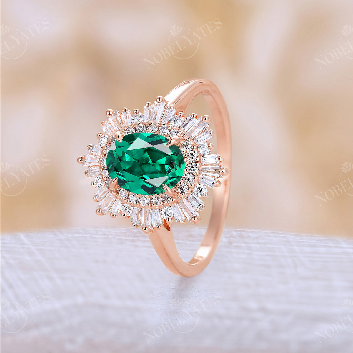 Baguette Art Deco Oval Lab Emerald Engagement Ring Rose Gold Double Halo