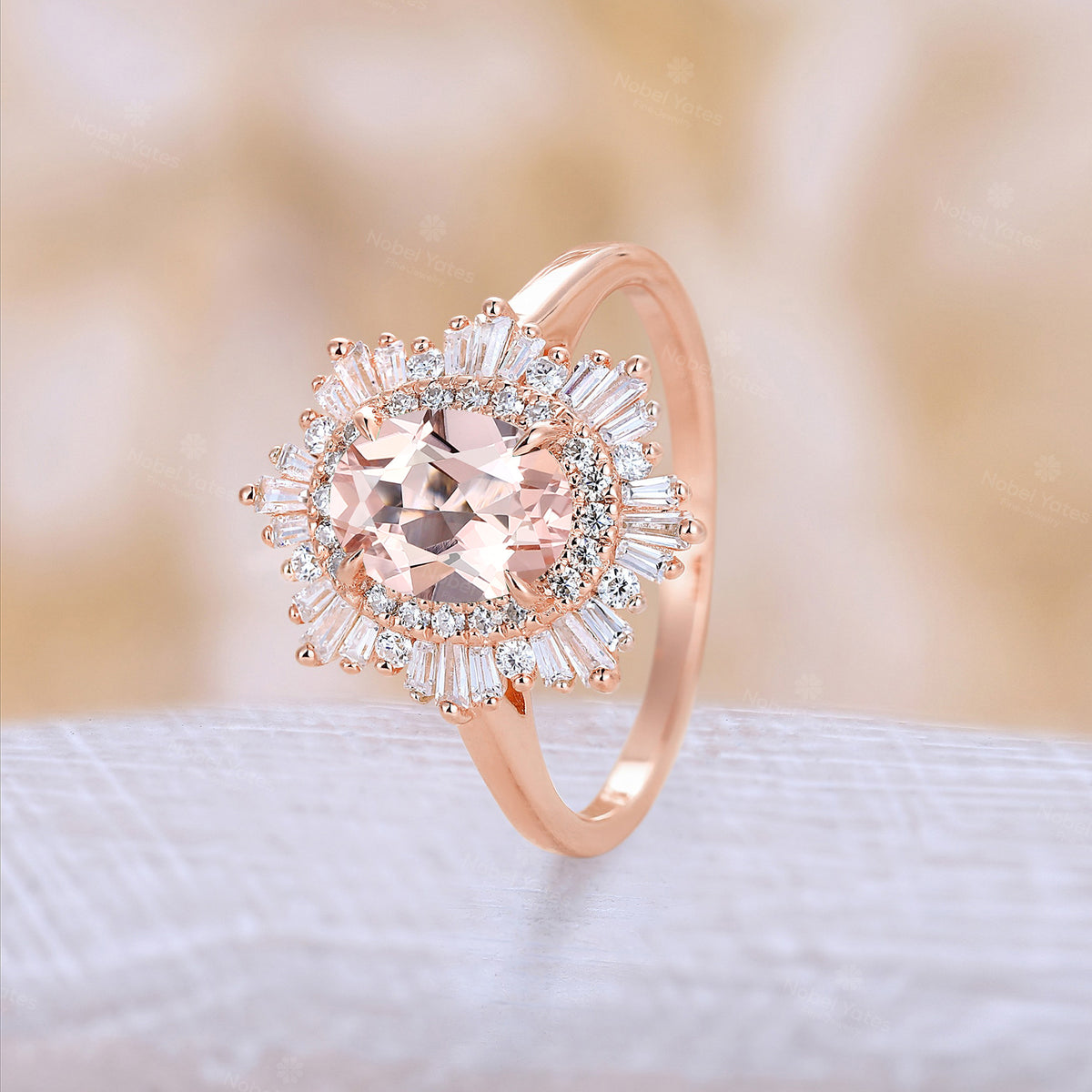 Art deco Oval Pink Morganite Starburst Engagement Ring