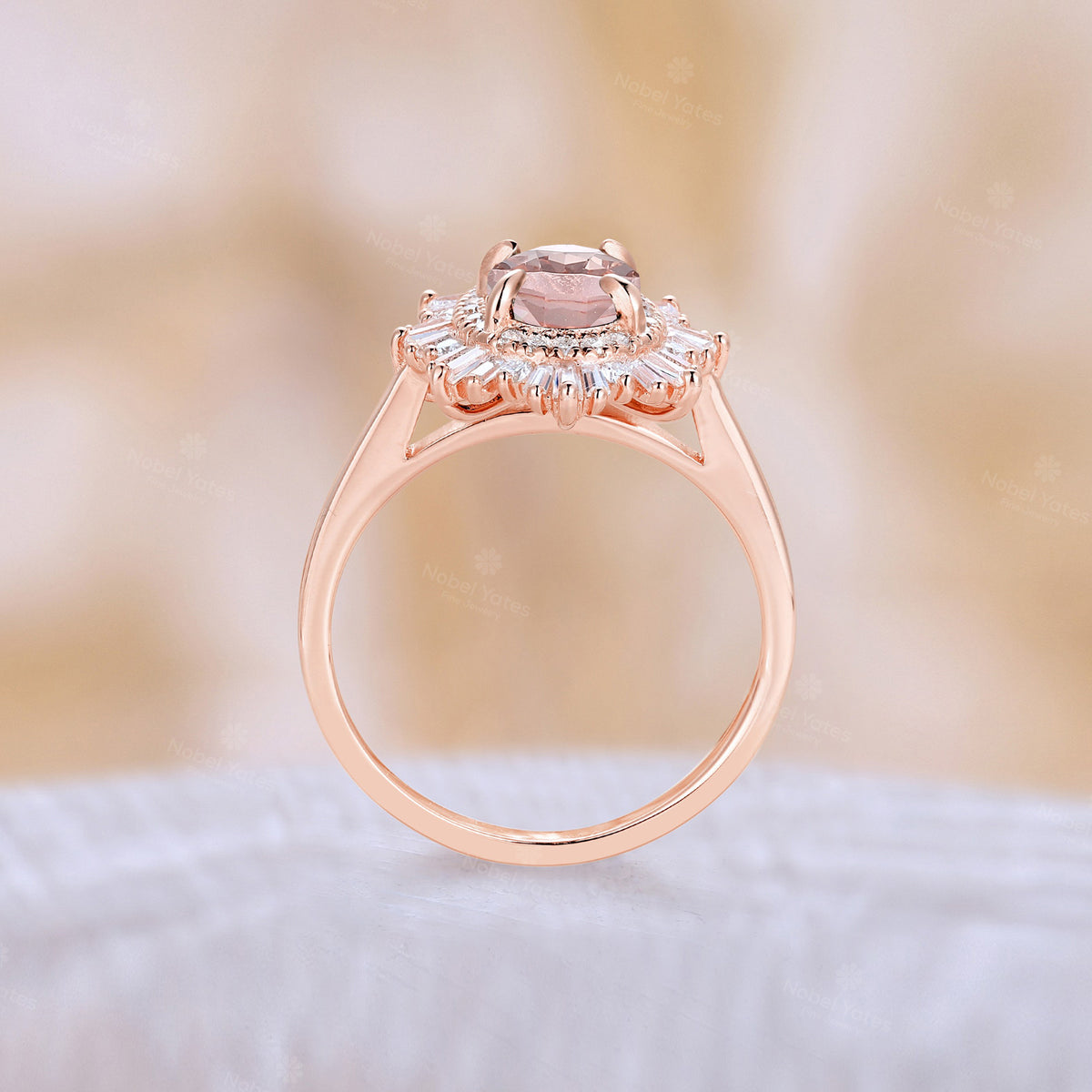 Art deco Oval Pink Morganite Starburst Engagement Ring