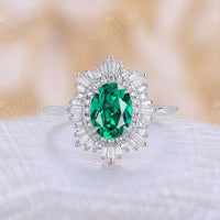 Baguette Art Deco Oval Lab Emerald Engagement Ring Rose Gold Double Halo