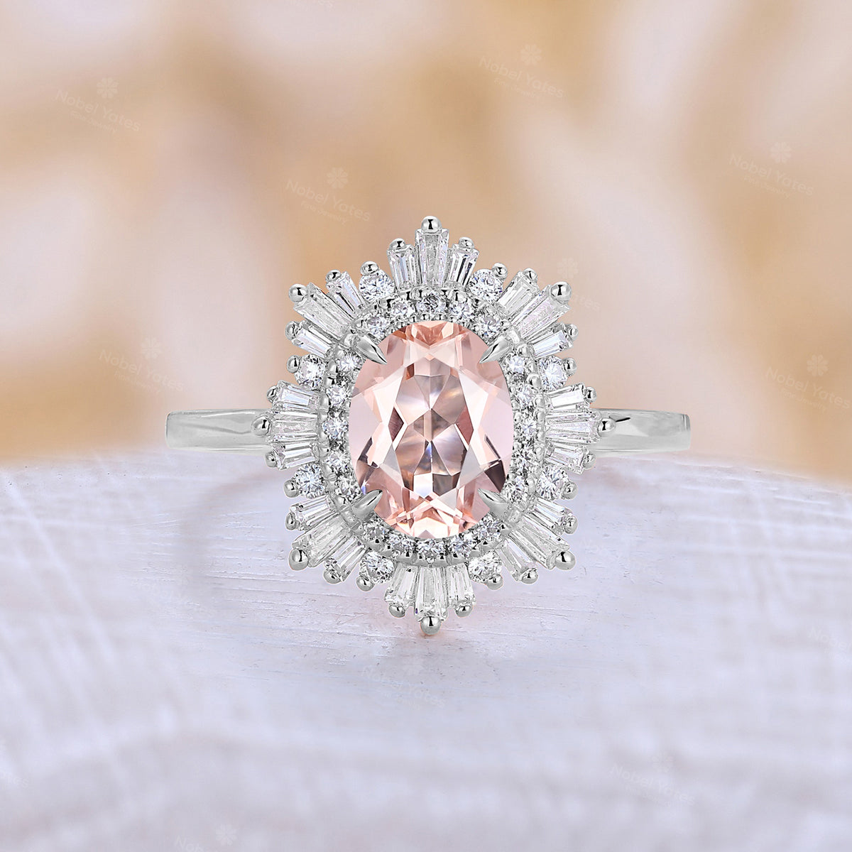 Art deco Oval Pink Morganite Starburst Engagement Ring