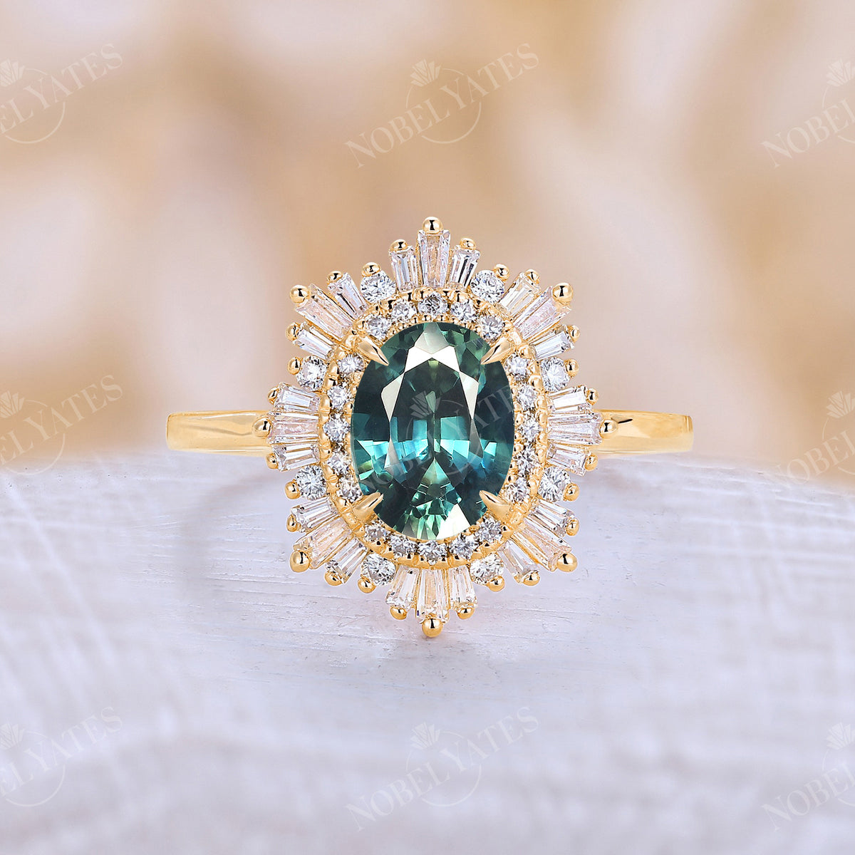 Teal Sapphire Claw Prong Set Art Deco Engagement Ring Double Halo Rose Gold