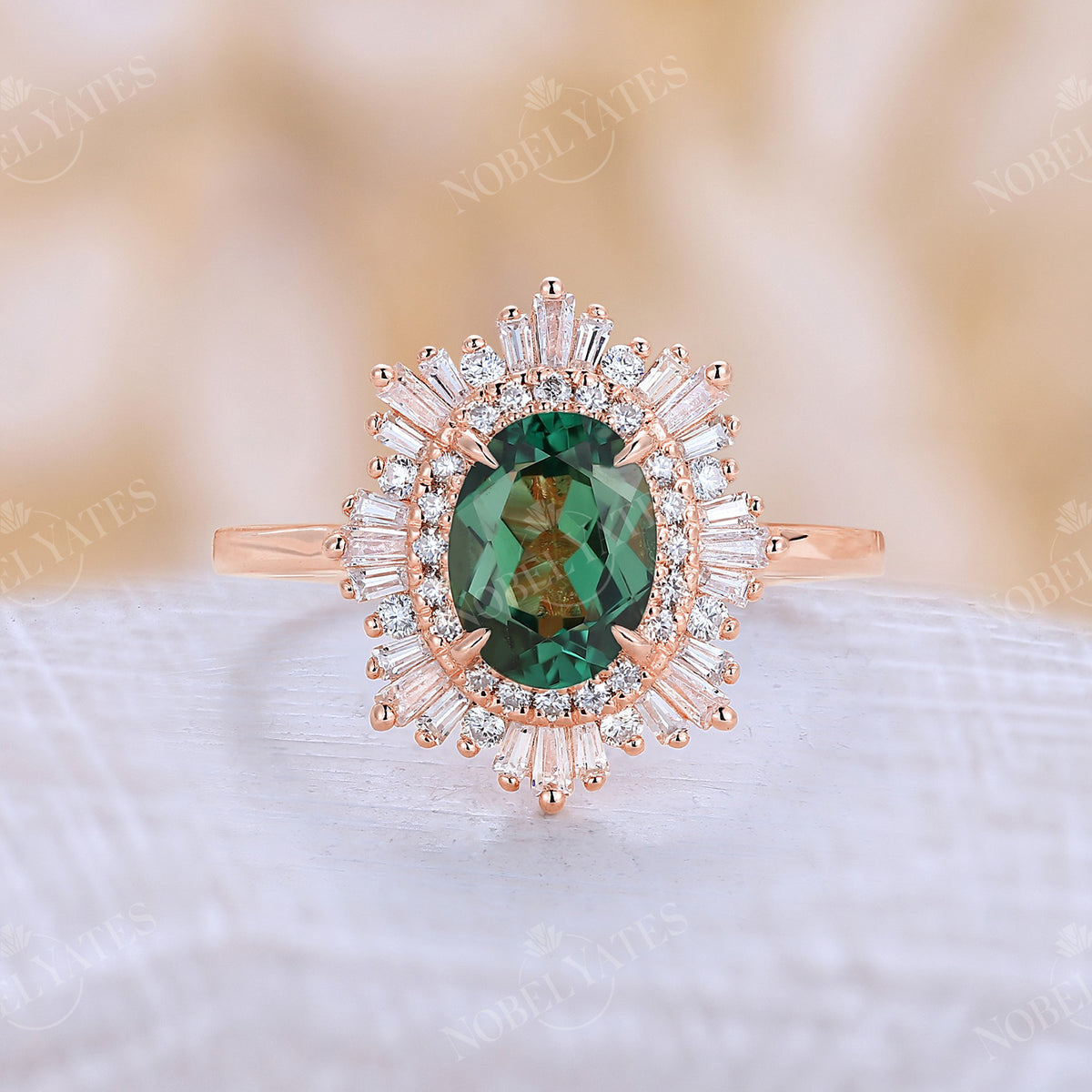 Art deco Oval Lab Green Sapphire Halo Engagement Ring Rose Gold