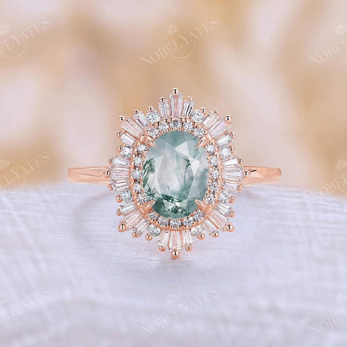Art deco Oval Lab Green Sapphire Halo Starburst Engagement Ring Rose Gold