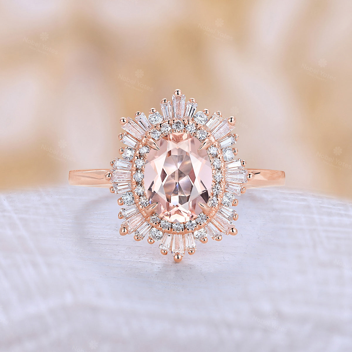 Art deco Oval Pink Morganite Starburst Engagement Ring