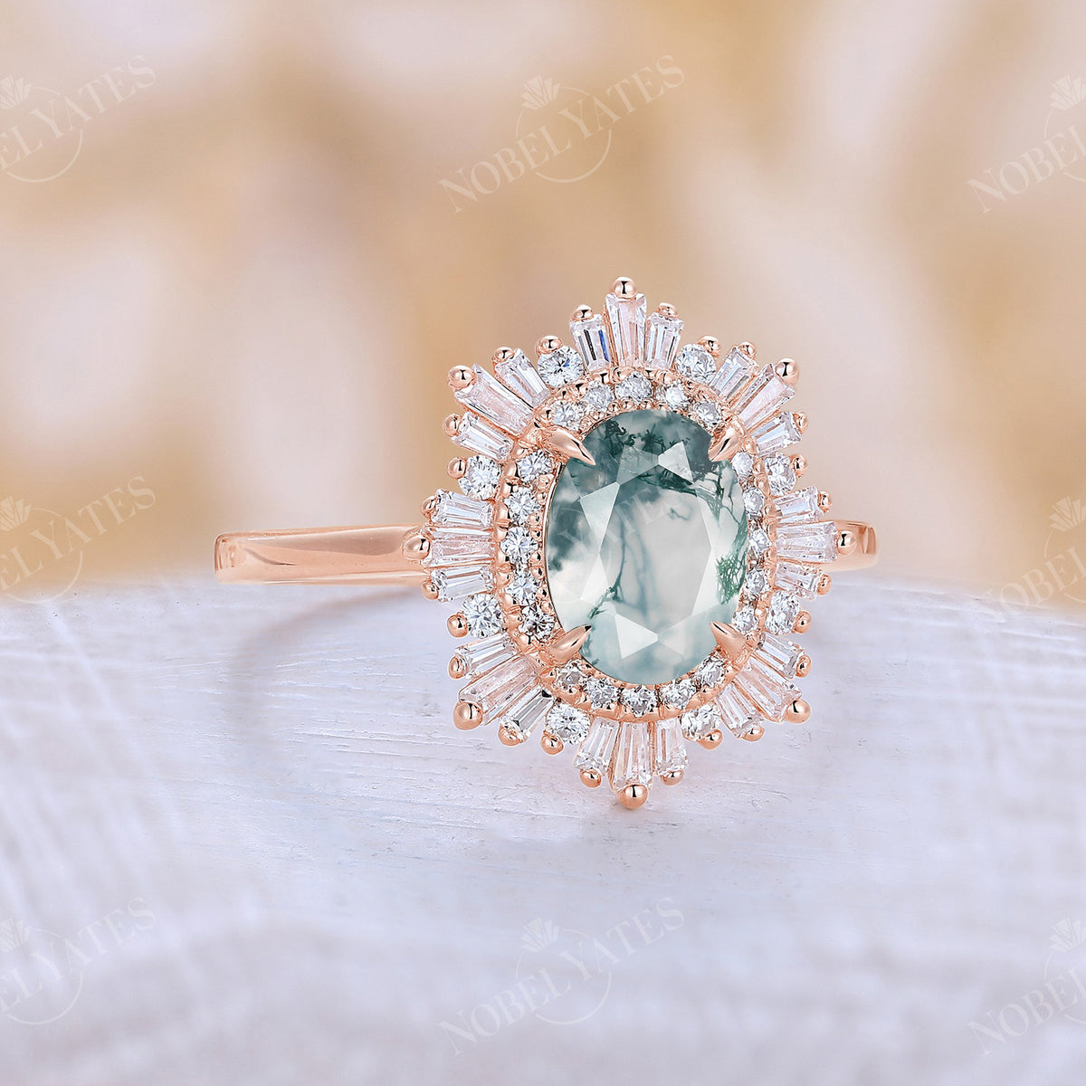 Moss Agate Oval Shape Art Deco Rose Gold Engagement Ring Double Halo