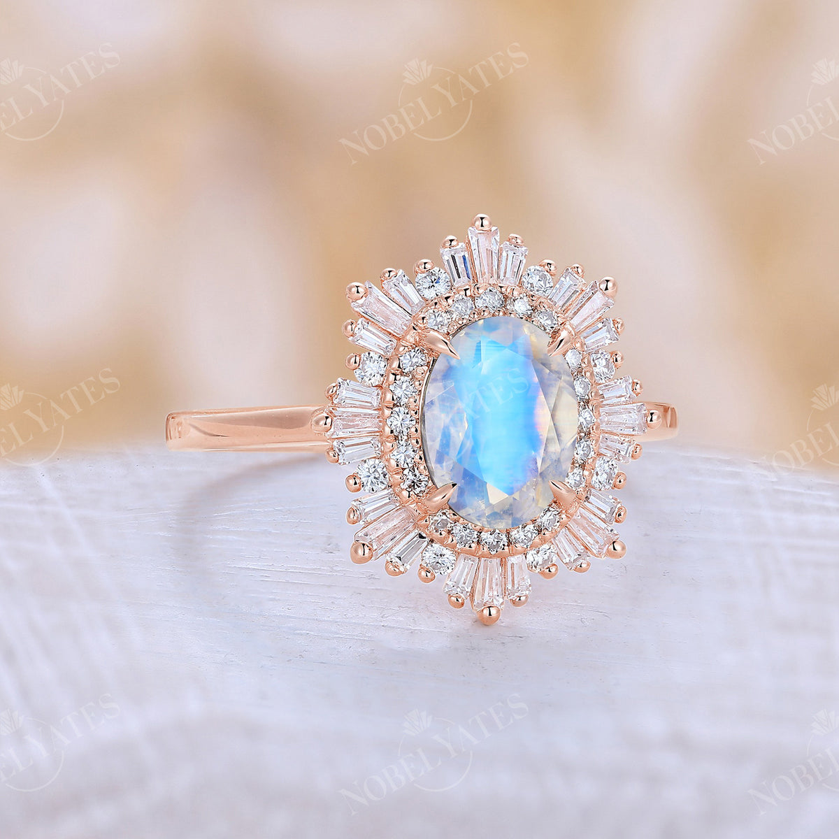 Oval Cut Blue Moonstone Engagement Ring Rose Gold Art Deco Band