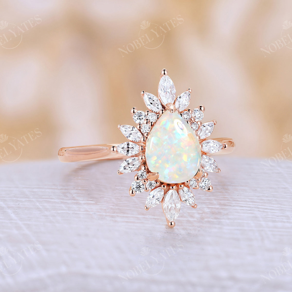 Vintage Pear Shape White Opal Halo Engagement Ring Rose Gold