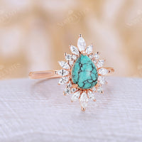 Vintage Pear Turquoise Halo Engagement Ring Rose Gold
