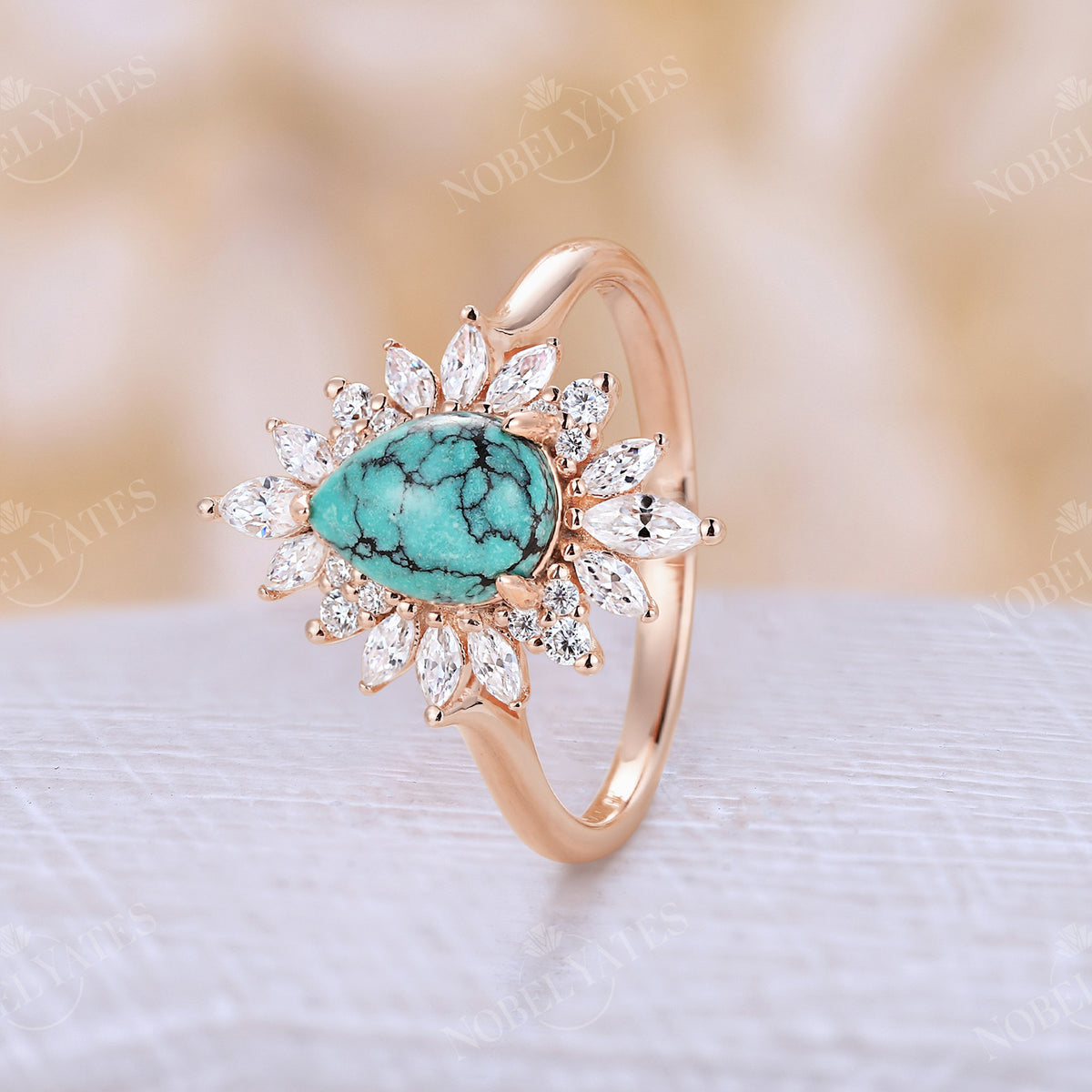 Vintage Pear Turquoise Halo Engagement Ring Rose Gold