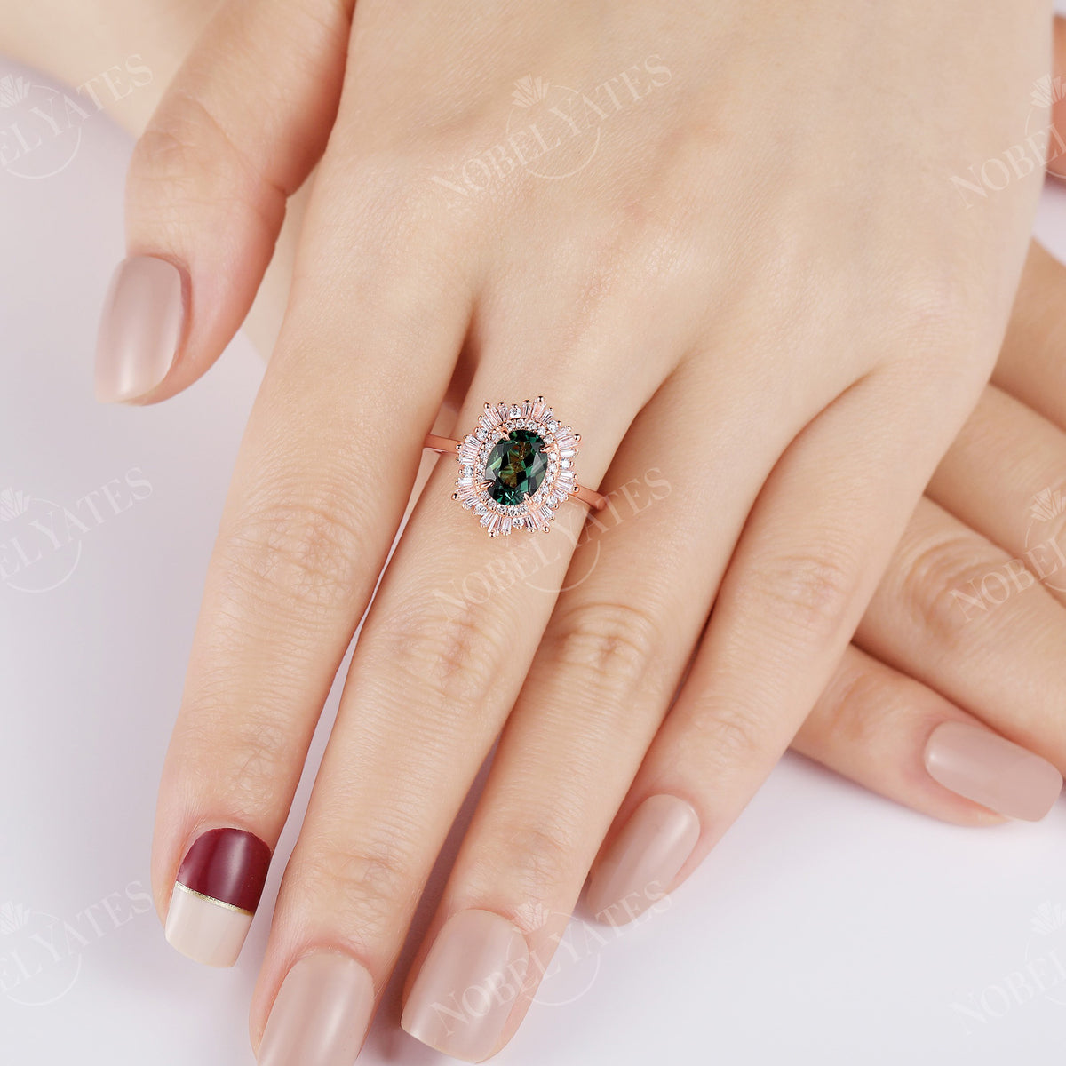 Art deco Oval Lab Green Sapphire Halo Engagement Ring Rose Gold