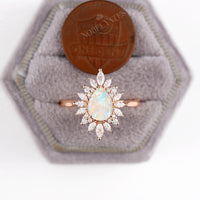 Vintage Pear Shape White Opal Halo Engagement Ring Rose Gold