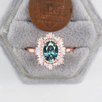 Teal Sapphire Claw Prong Set Art Deco Engagement Ring Double Halo Rose Gold