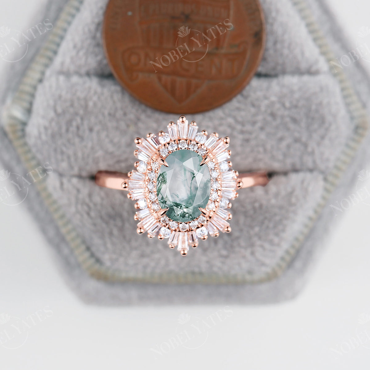 Moss Agate Oval Shape Art Deco Rose Gold Engagement Ring Double Halo