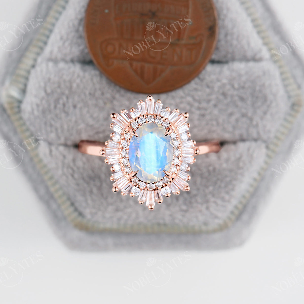 Oval Cut Blue Moonstone Engagement Ring Rose Gold Art Deco Band