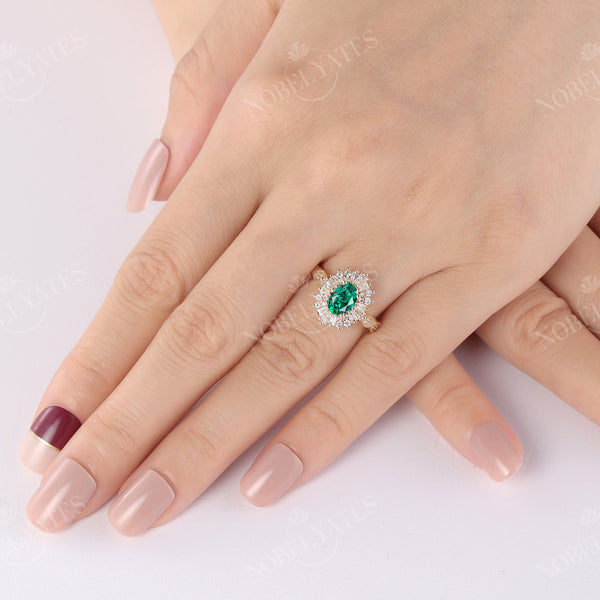 Art Deco Oval Lab Emerald Milgrain Engagement Ring Baguette Halo
