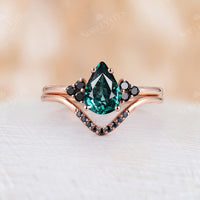 Pear Blue Green Sapphire Cluster Engagement Ring set Rose Gold