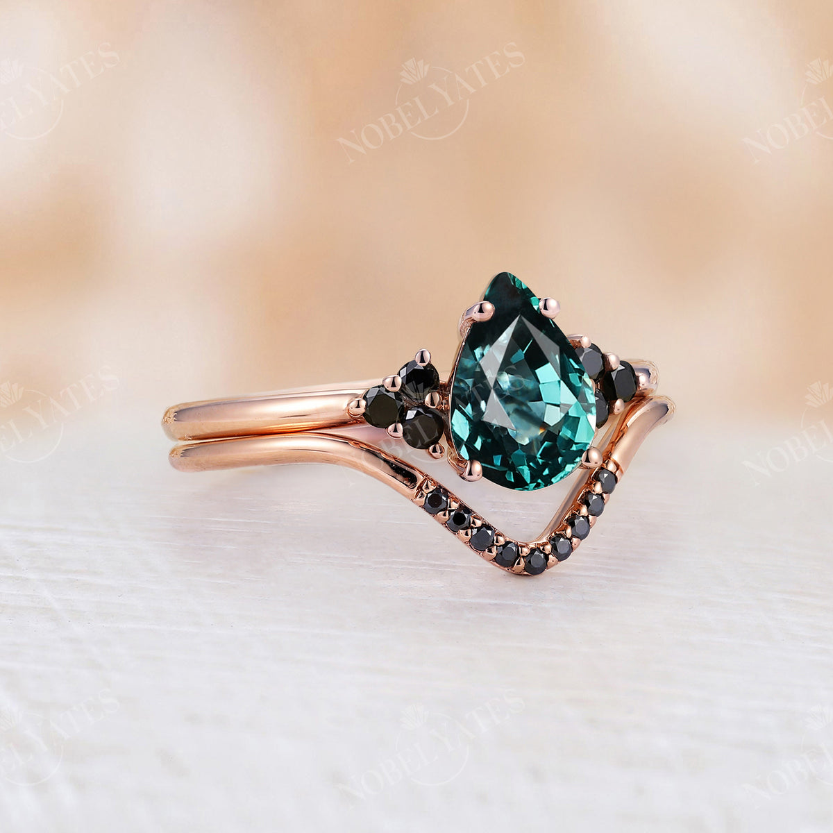 Pear Blue Green Sapphire Cluster Engagement Ring set Rose Gold