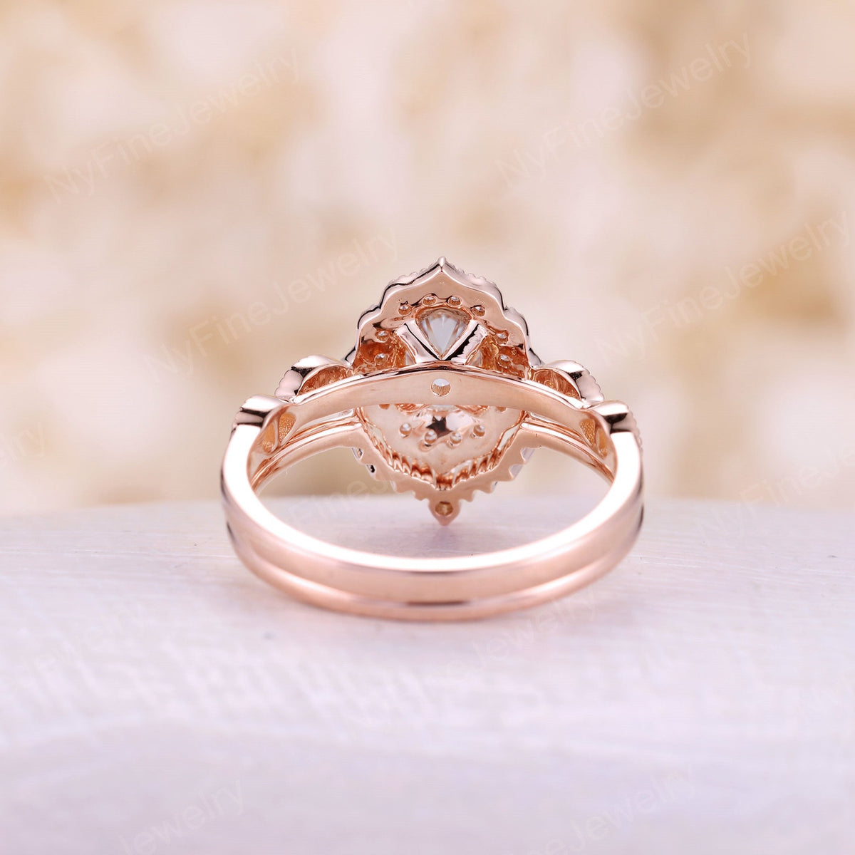 Oval Grey Moissanite Rose Gold Milgrain Halo Bridal Set