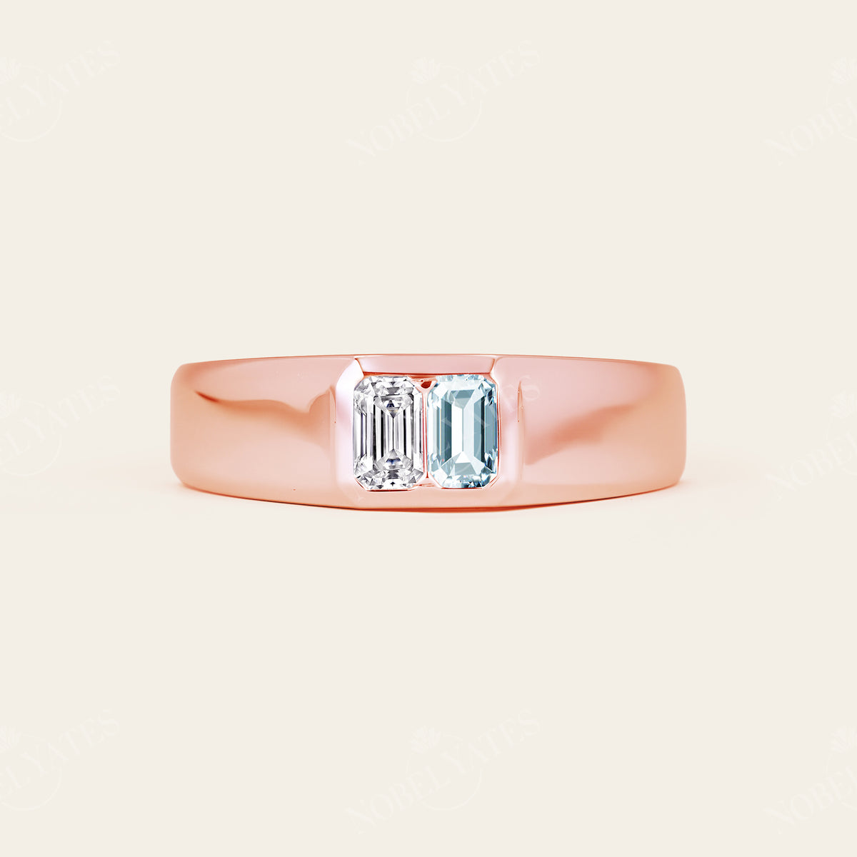 Emerald Cut Lab Diamond & Aquamarine Toi et Moi Men's Ring