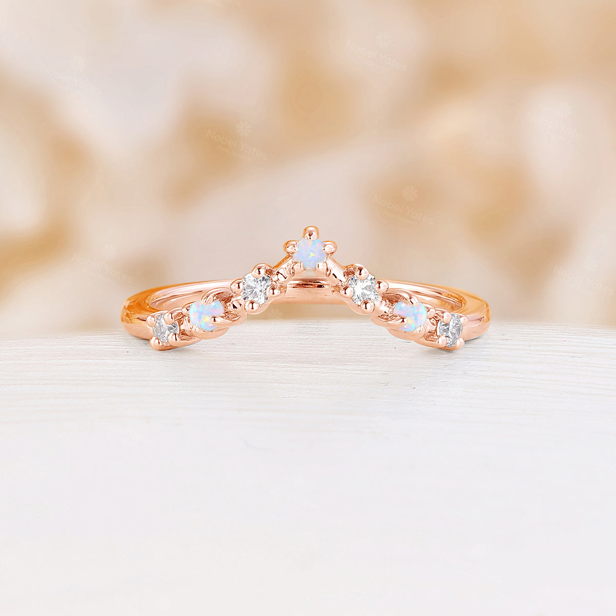 Curved Moissanite&White Opal Matching Band Rose Gold