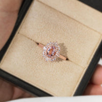 Oval Pink Morganite Art deco Halo Engagement Ring Rose Gold