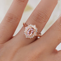 Oval Pink Morganite Art deco Halo Engagement Ring Rose Gold