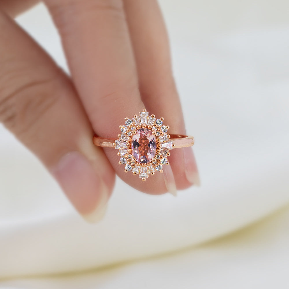 Oval Pink Morganite Art deco Halo Engagement Ring Rose Gold