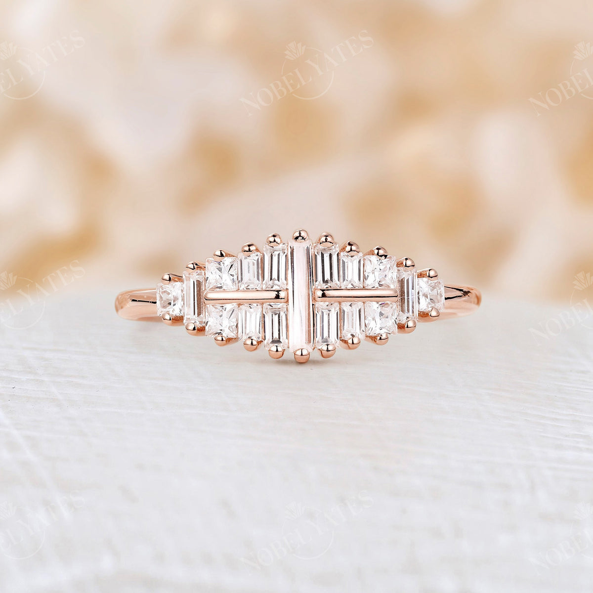 Art Deco Baguette Shape CZ Rose Gold Cluster Wedding Band