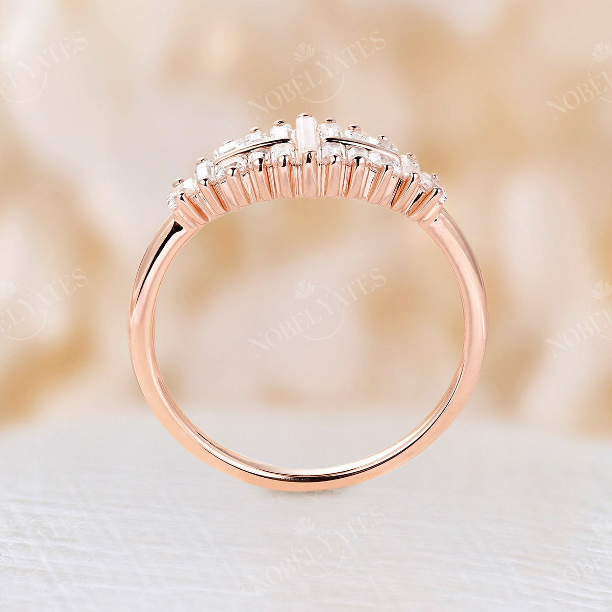 Art Deco Baguette Shape CZ Rose Gold Cluster Wedding Band