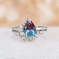 Pear Teal Sapphire Half Halo Engagement Ring Set Rose Gold