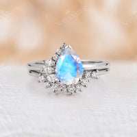 Pear Teal Sapphire Half Halo Engagement Ring Set Rose Gold