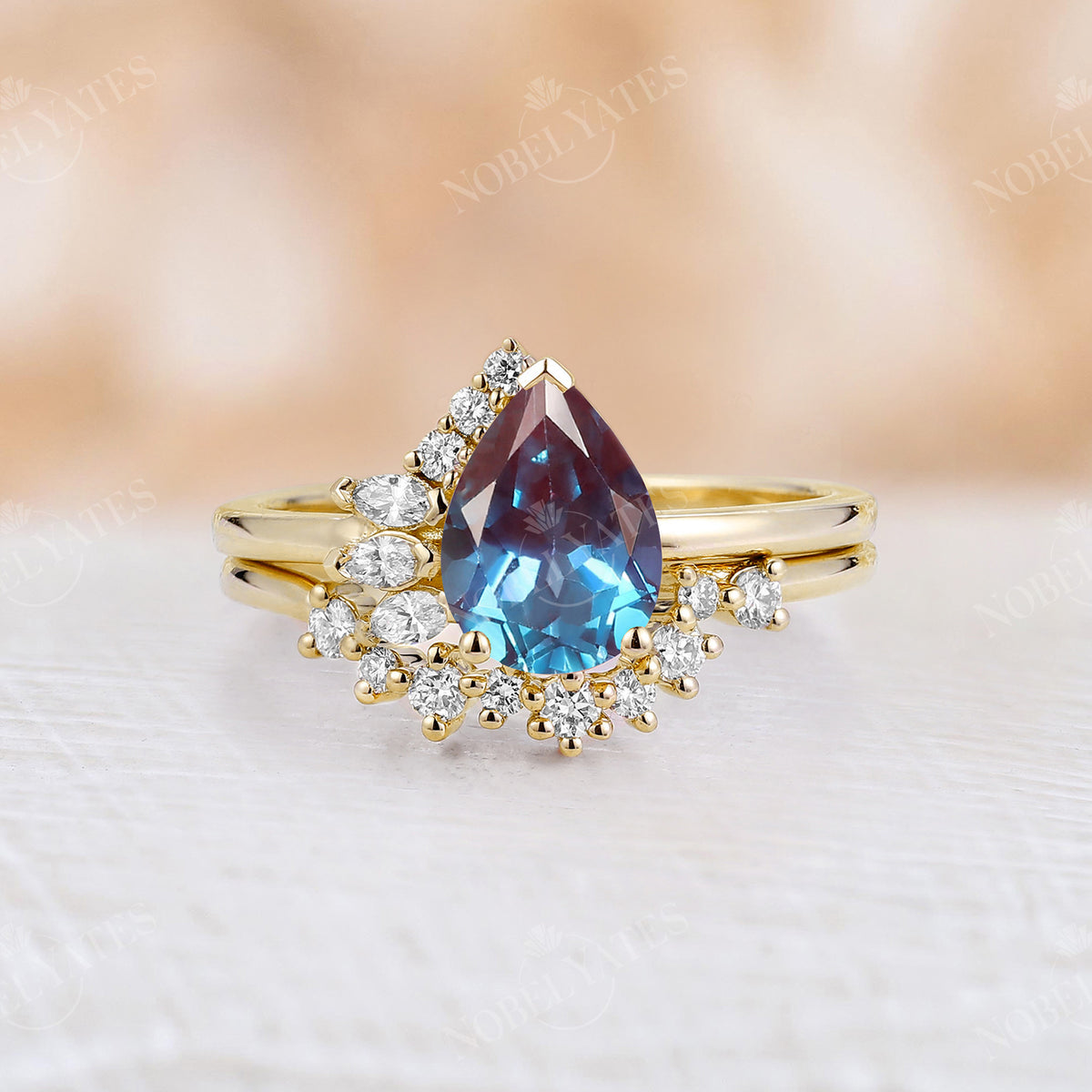 Pear Teal Sapphire Half Halo Engagement Ring Set Rose Gold