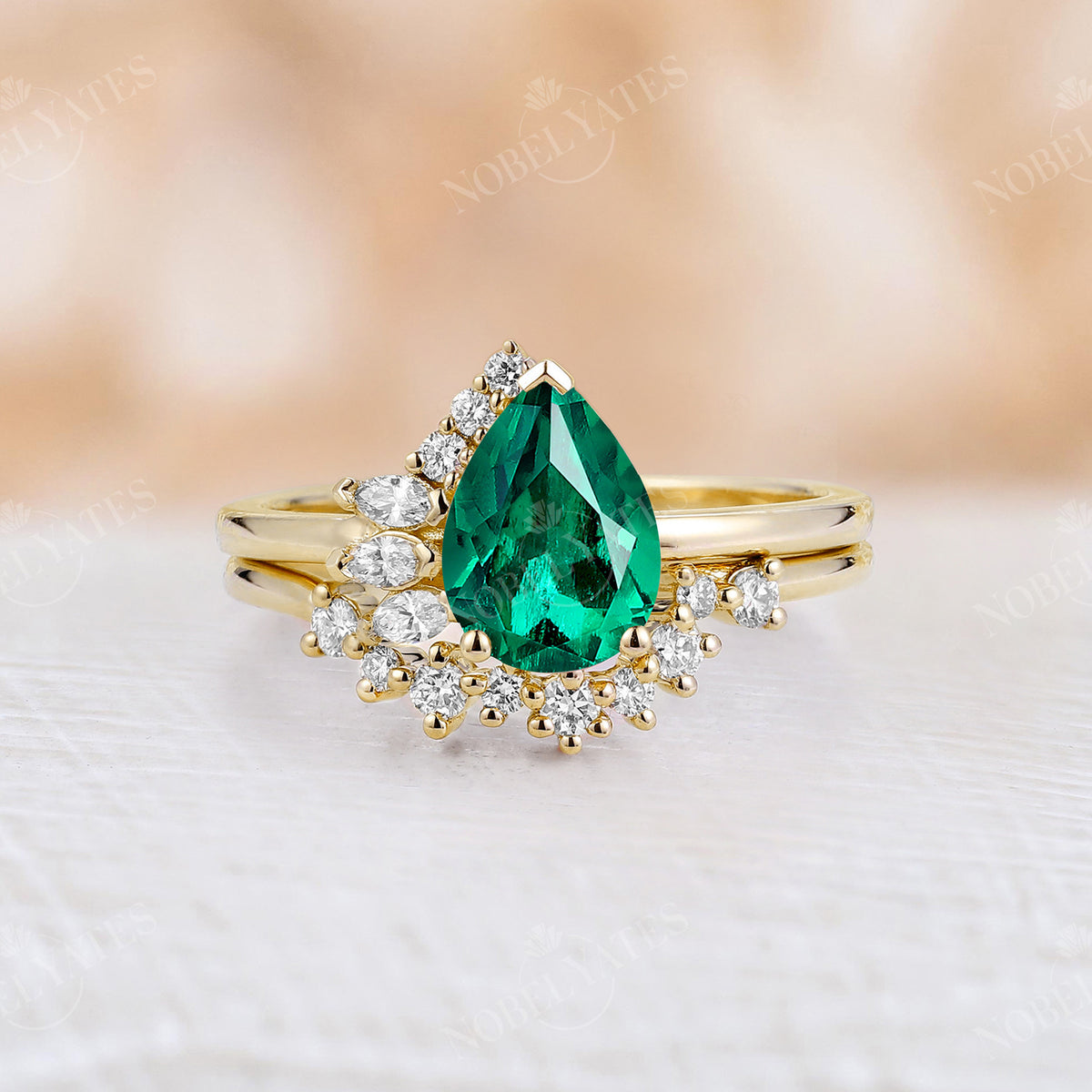 Cluster Side Stone Lab Emerald Engagement Ring Set Pear Shape