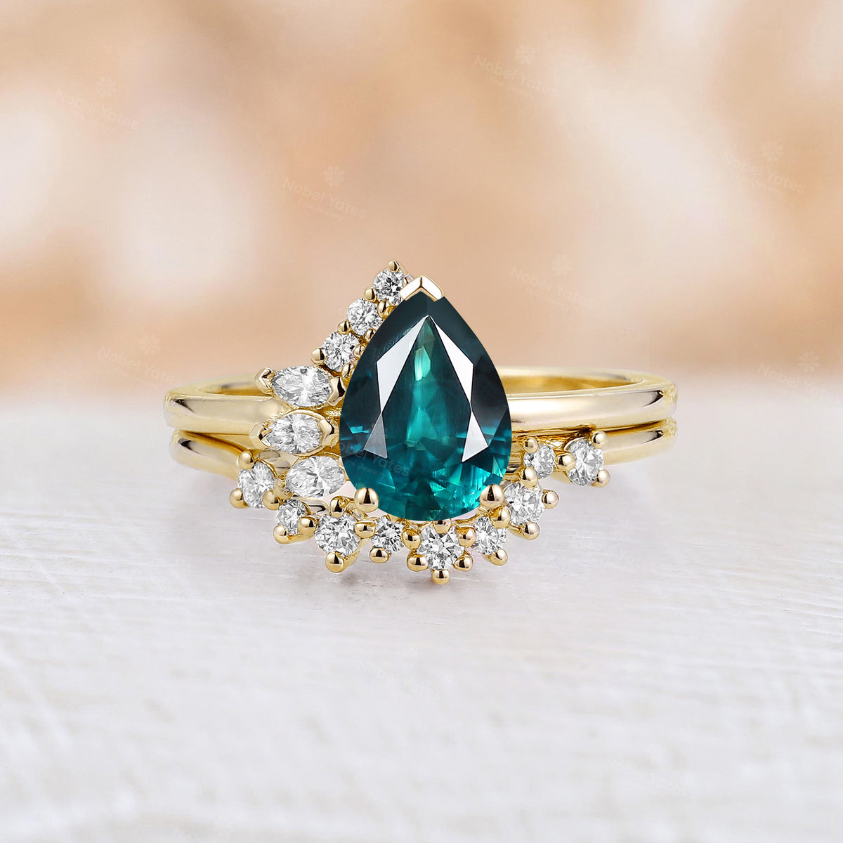 Pear Teal Sapphire Half Halo Engagement Ring Set Rose Gold