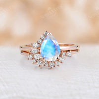 Pear Teal Sapphire Half Halo Engagement Ring Set Rose Gold