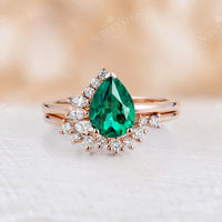 Pear Teal Sapphire Half Halo Engagement Ring Set Rose Gold