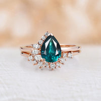 Pear Teal Sapphire Half Halo Engagement Ring Set Rose Gold