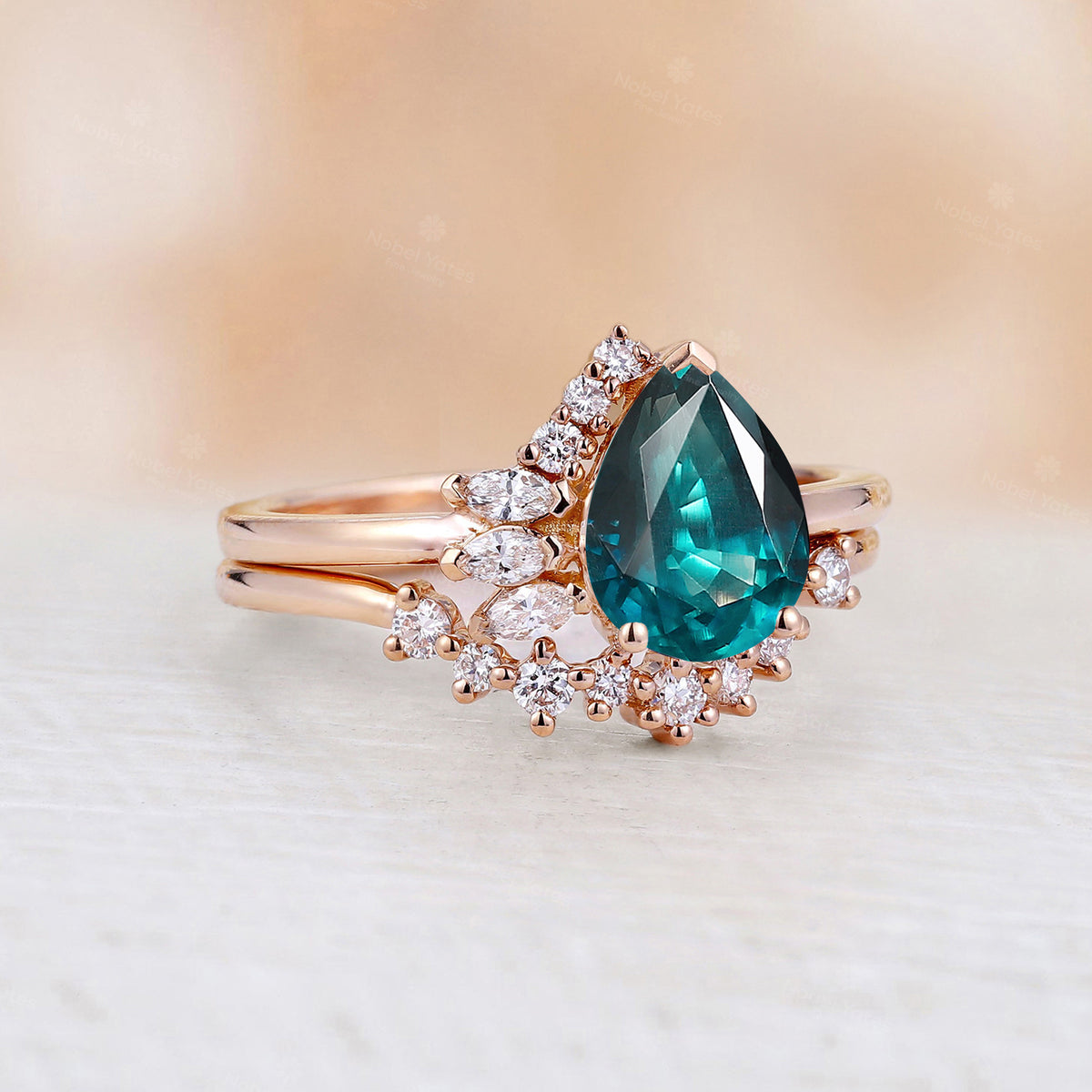 Pear Teal Sapphire Half Halo Engagement Ring Set Rose Gold